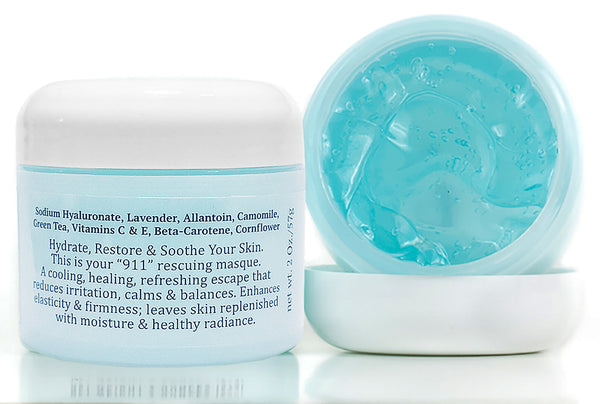 A Aloe & Azulene Soothing Mask bottle showing the back and another open on its side showing the inside of the jar.